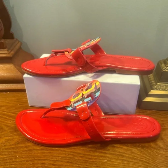 Tory Burch Red Patent Leather Miller Sandals with Colorful Logo Size 7 - Picture 6 of 9